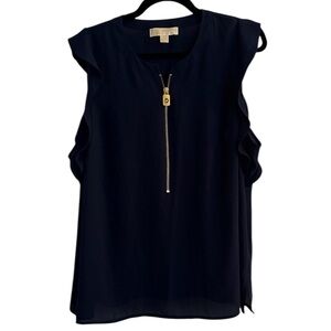Michael Michael Kors Dark Blue Sleeveless Blouse with Gold Zipper